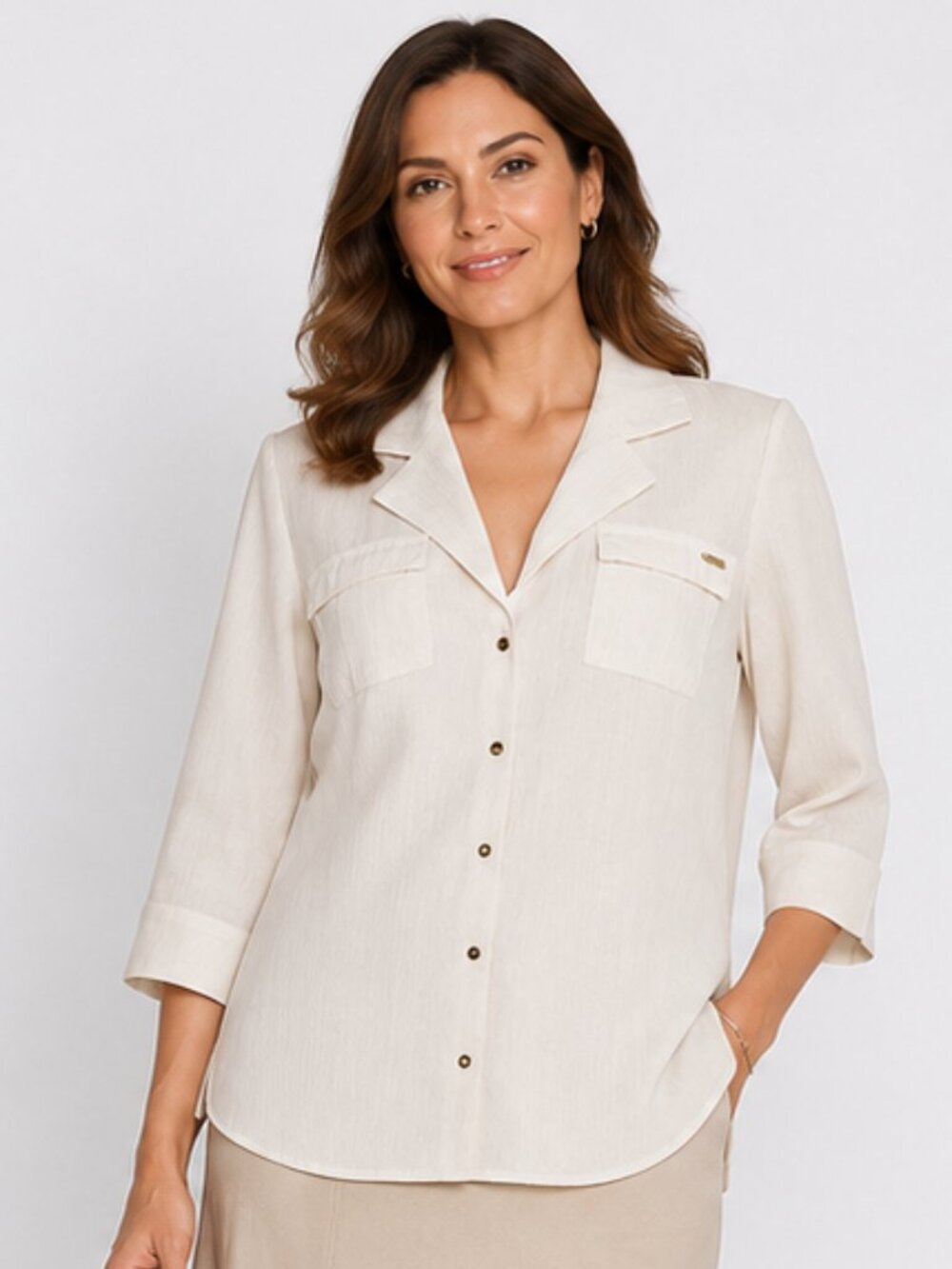 Bebe Medium Cream V Neck Gold Snap Closure 3/4 Sleeve Roll Tab Semi Sheer Top